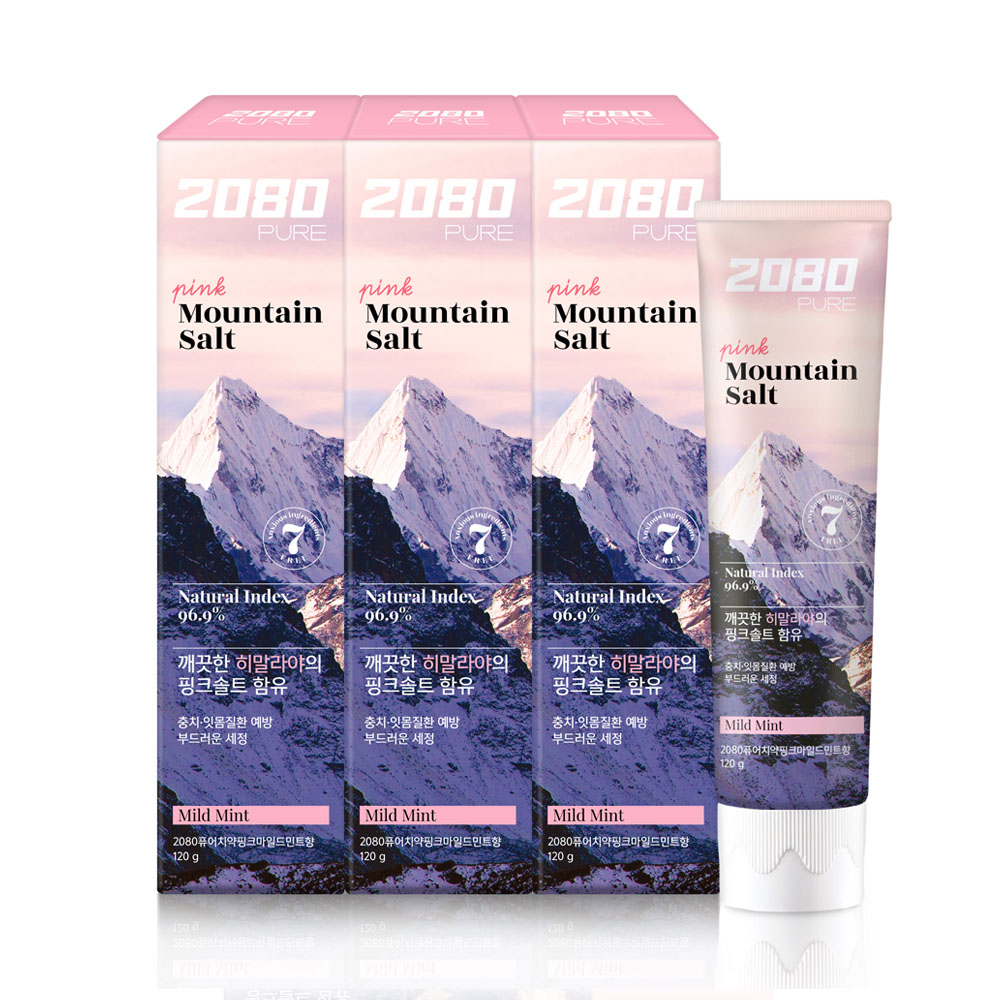 [애경] 2080 퓨어 마운틴 솔트 치약 핑크민트향 120g x 3개 잇몸 불소 미백 구취 치석 입냄새제거