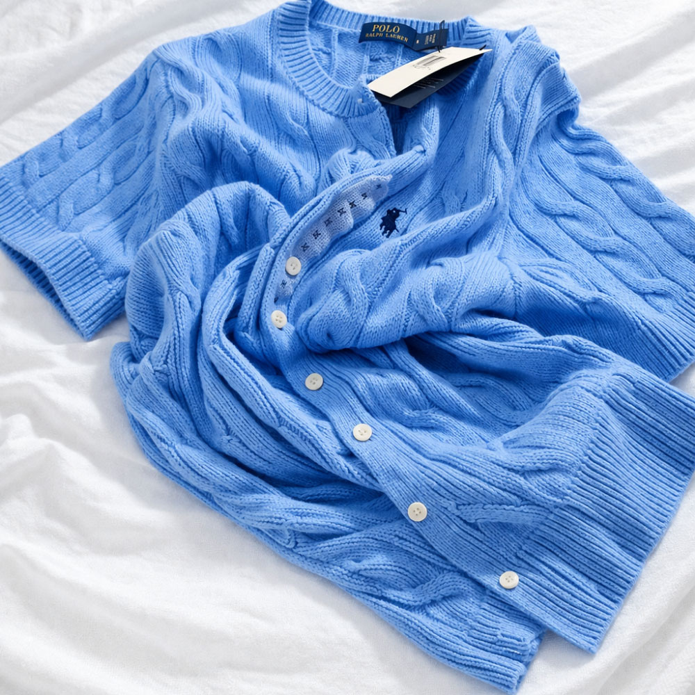 [폴로] 여성 케이블 가디건 반팔 블루