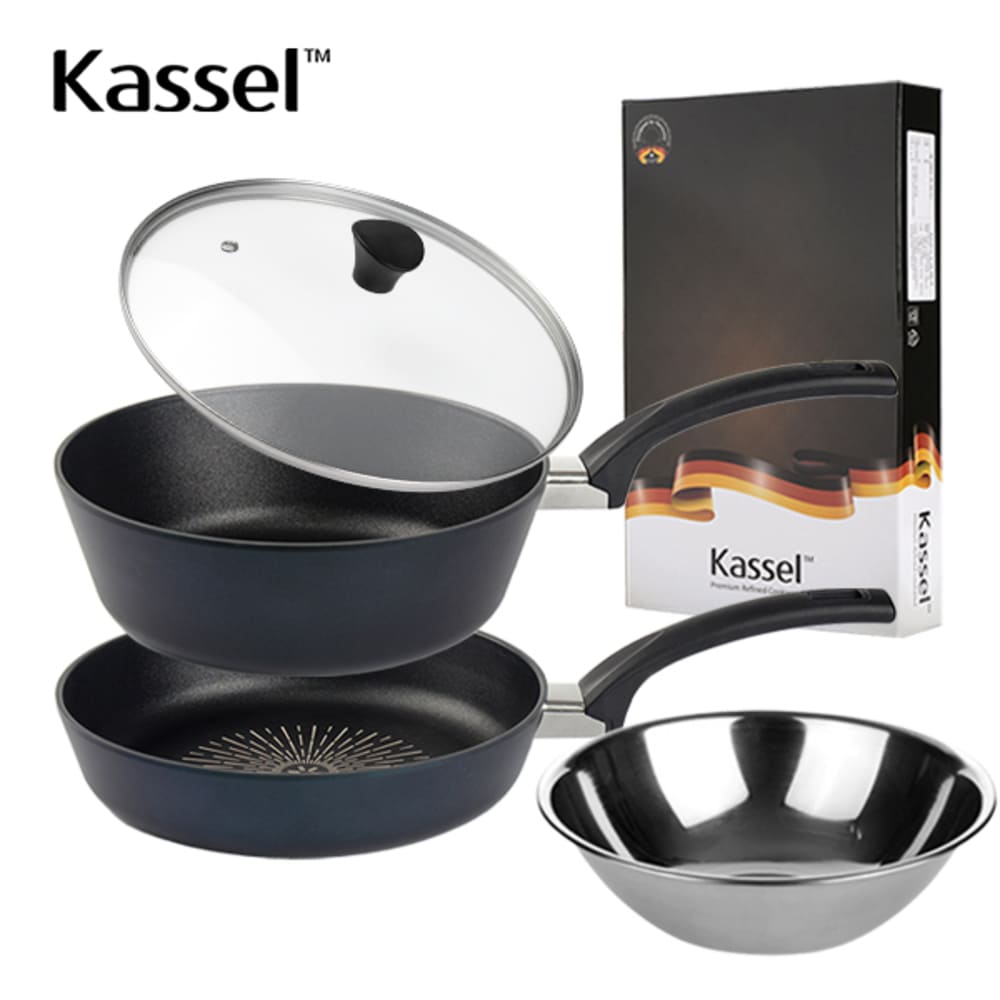 [Kassel] [카셀] 국내생산 블루 라이트 인덕션(IH) 프라이팬 4종세트 (프라이팬28cm+궁중팬28cm+유리뚜껑28cm+퓨어스텐 다용도볼 28cm)