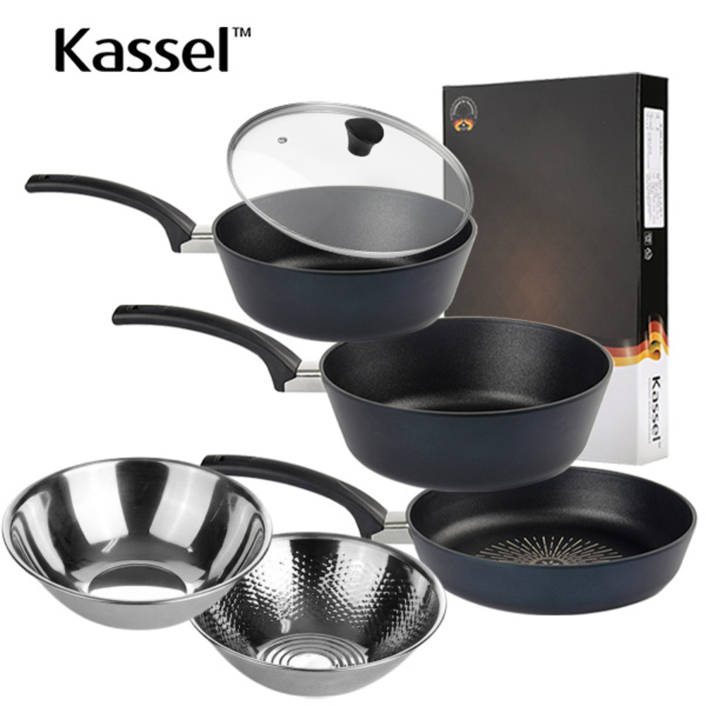 [Kassel] [카셀] 블루 라이트 인덕션 프라이팬 6종세트(궁중팬24cm+궁중팬28cm+프라이팬28cm +유리뚜껑 28cm+ 다용도볼28cm+쌀함박 26cm)