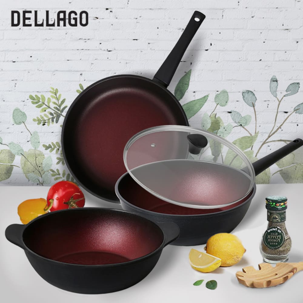 [DELLAGO] 델라고 와인 인덕션(IH)겸용 프라이팬&냄비 4종세트(프라이팬28cm+궁중팬28cm+양수냄비 28cm+유리뚜껑 28cm)