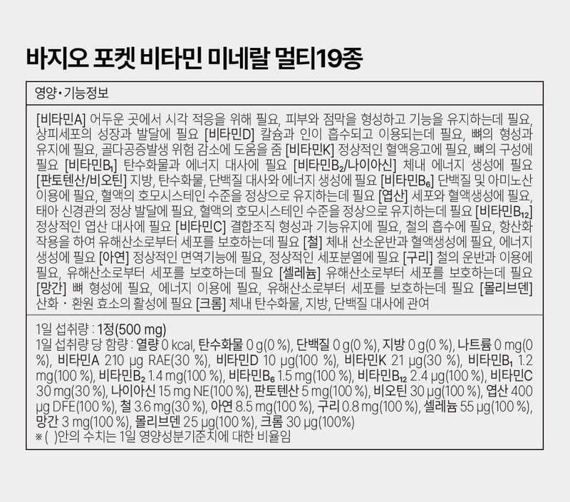 [바지오] 포켓 비타민 미네랄 멀티 19종 500mg X 20정 상세 16