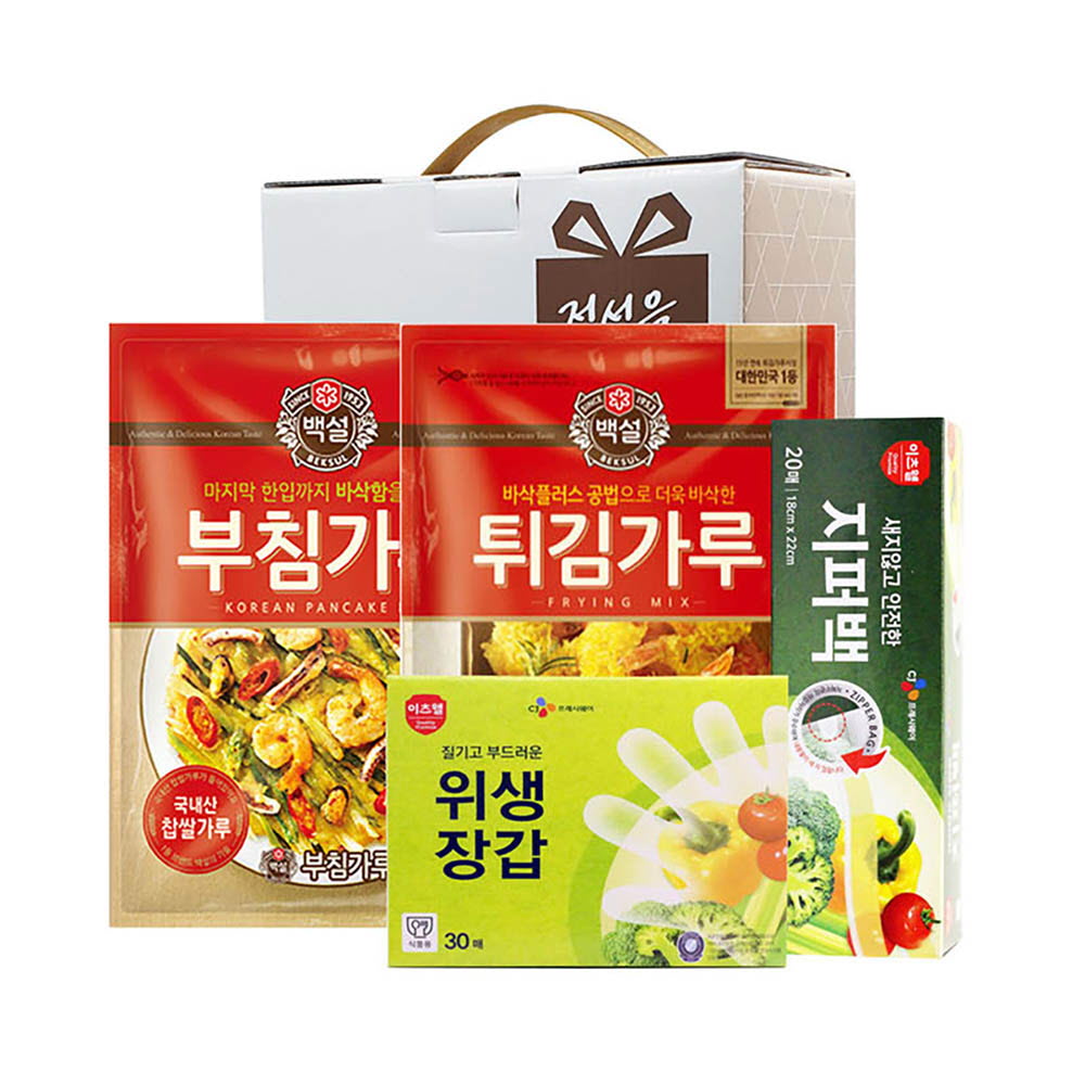 CJ부침가루,CJ튀김가루,CJ지퍼백(소),CJ위생장갑 4종세트