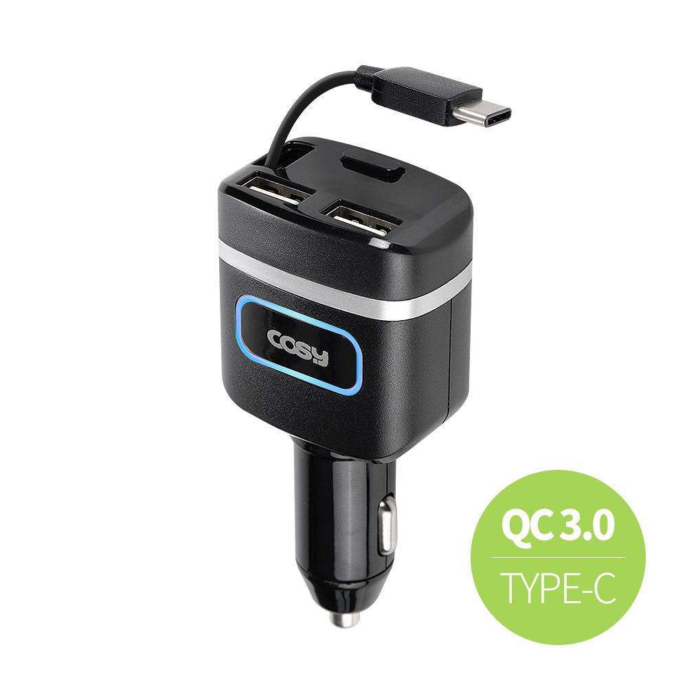 코시 QC3.0 USB 2포트 차량용충전기(타입C,자동감김) CGR3247AT