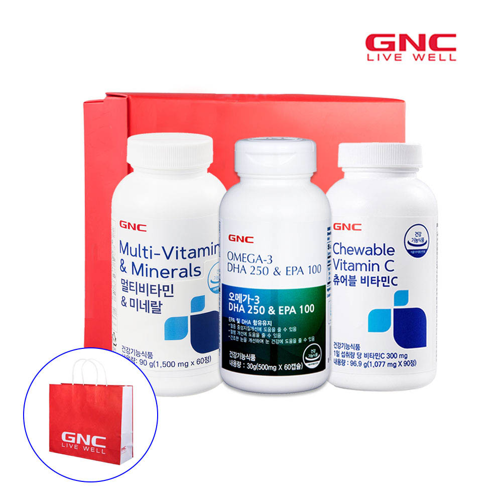 GNC 멀티비타민미네랄 60정+ 오메가3 DHA250&EPA 100 60캡슐 30일분+츄어블비타민C 100 90정 30일분