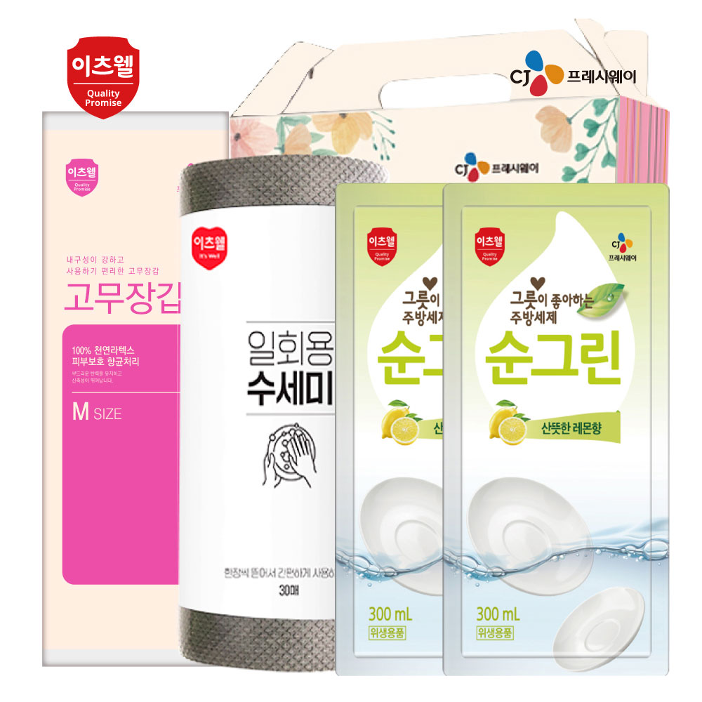 CJ뜯어쓰는수세미30매,순그린(리필)*2개,고무장갑 4종세트