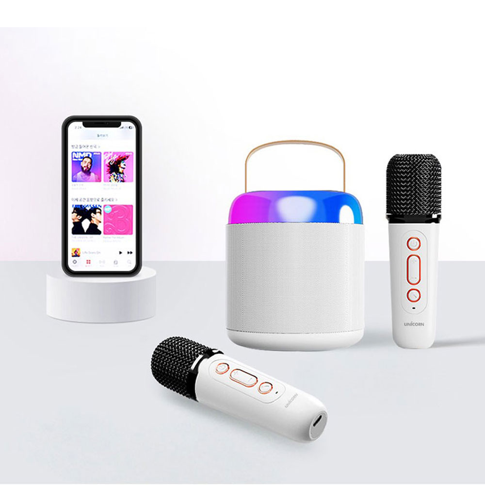 유니콘 블루투스 5.3 듀얼노래방마이크 음성변조모드 LED조명스피커 DSP칩셋 보관파우치 KTV-500GM