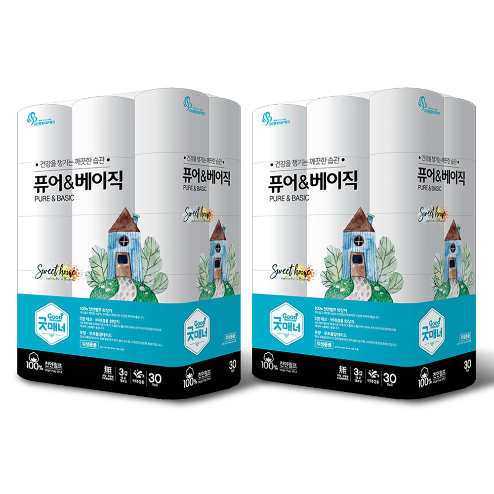 [행복S&P제지]굿매너 퓨어앤베이직 20 두루마리 화장지20m*30R 2팩
